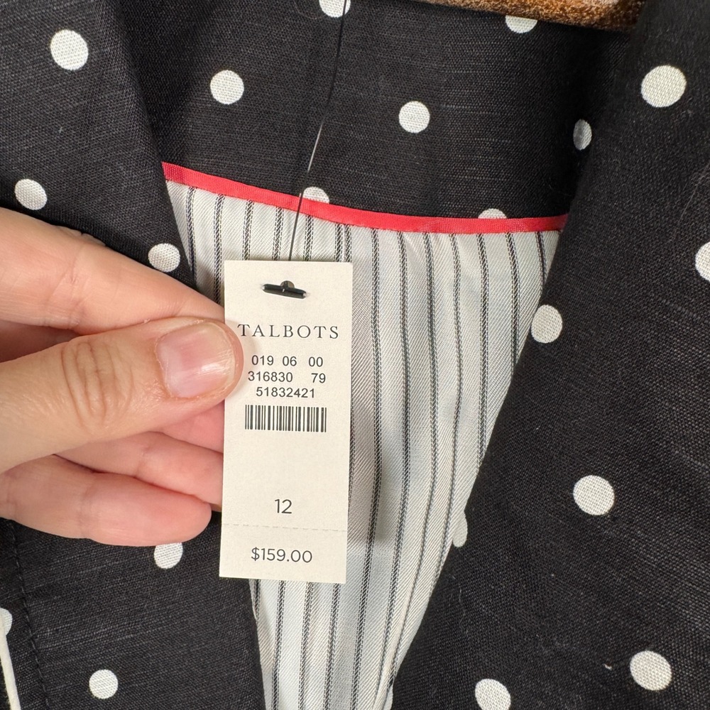 Talbots Blazer Womens 12 Black Polka Dot Linen Jacket Nautical Anchor Button NEW - Picture 5 of 13